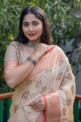 Cream Linen Silk Zari Woven Saree