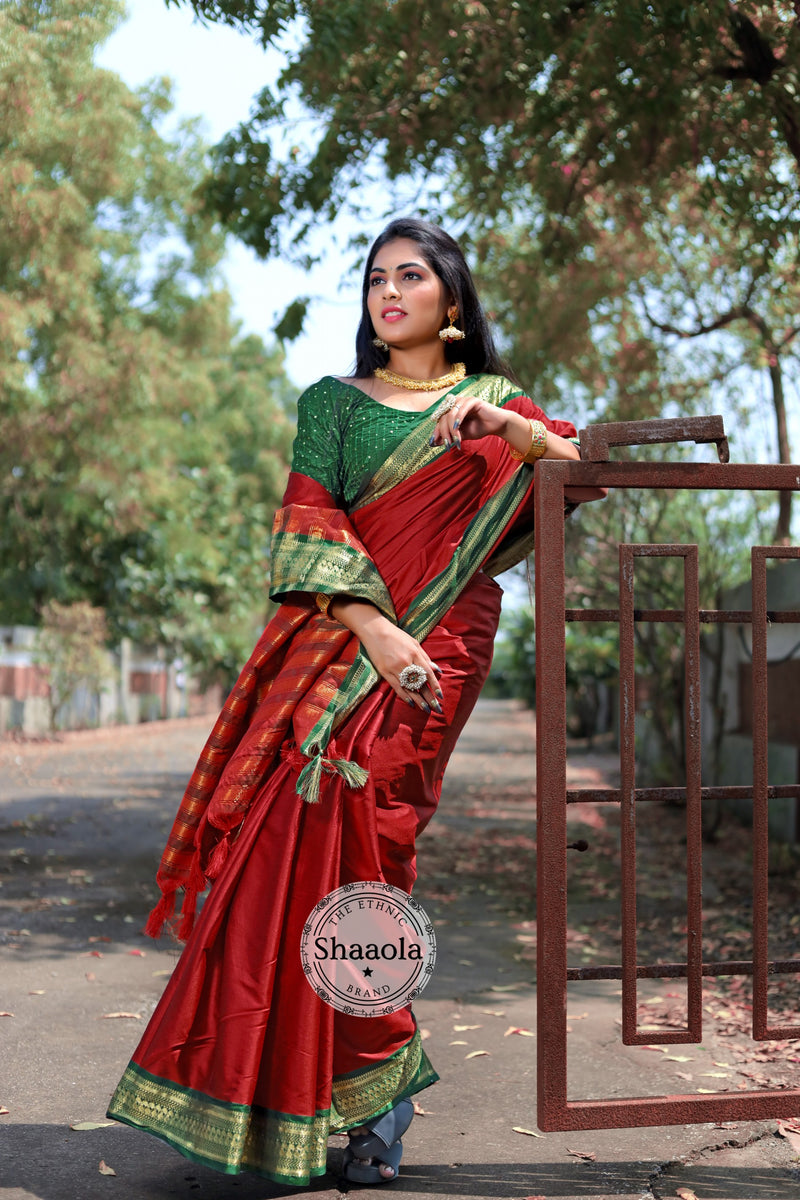 Crimson Red Soft Silk Saree With Embroidered Blouse