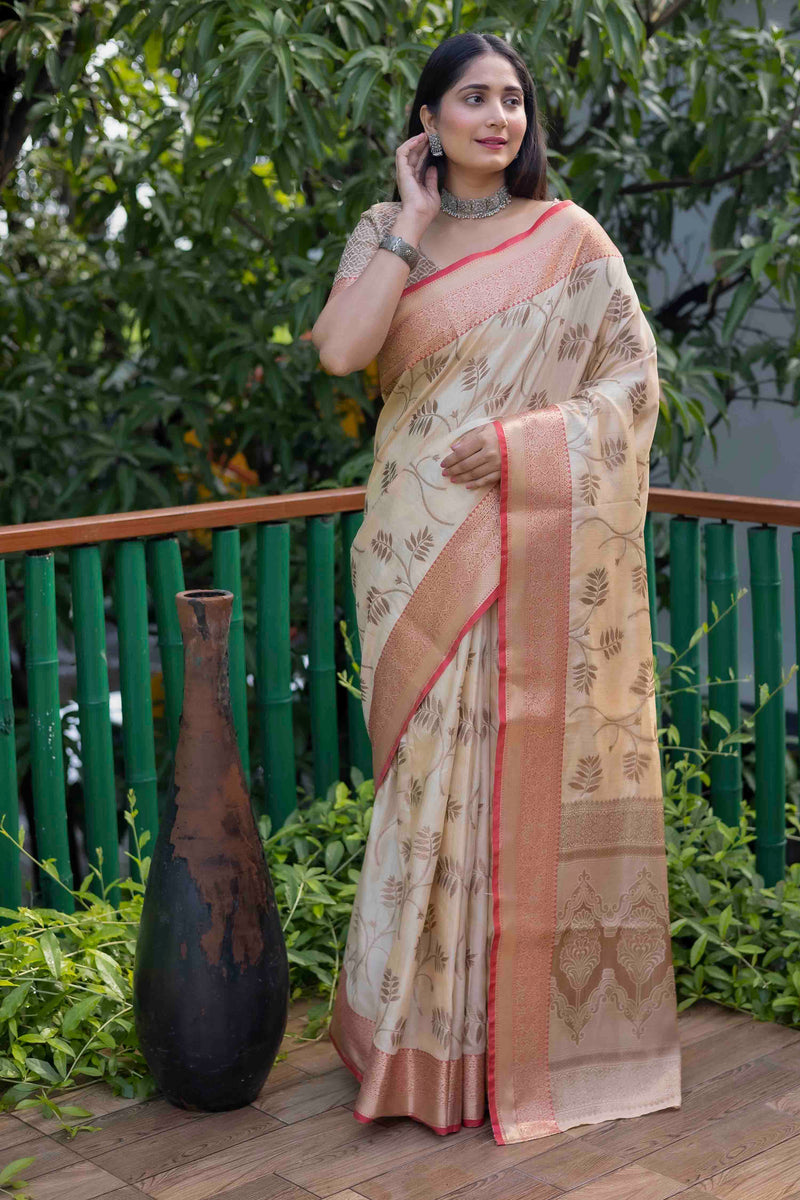 Cream Linen Silk Zari Woven Saree