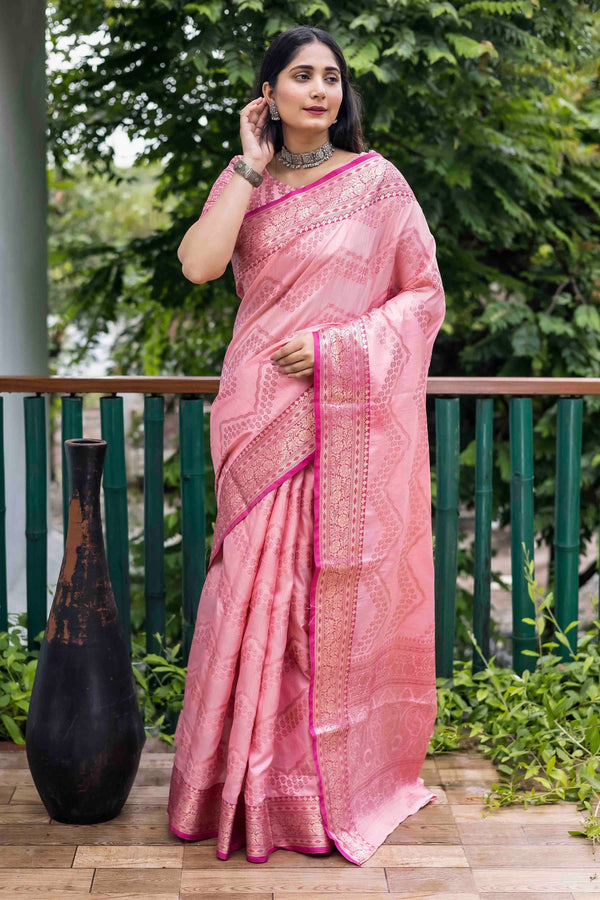 Thulian Pink Linen Silk Zari Woven Saree