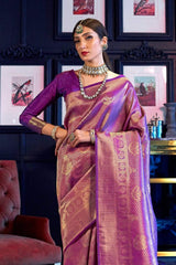 Purple & Golden Zari Woven Kanjivaram Saree with Blouse