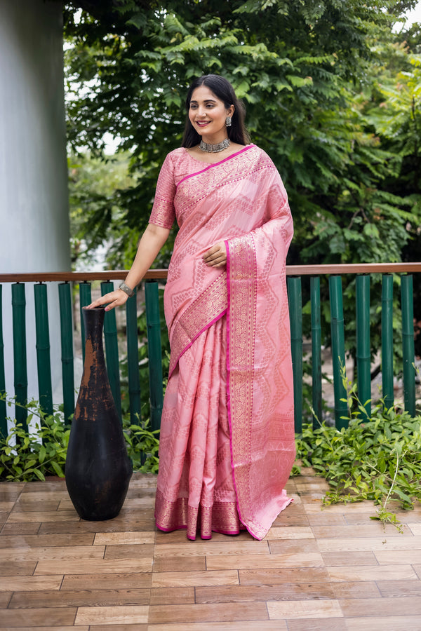 Thulian Pink Linen Silk Zari Woven Saree