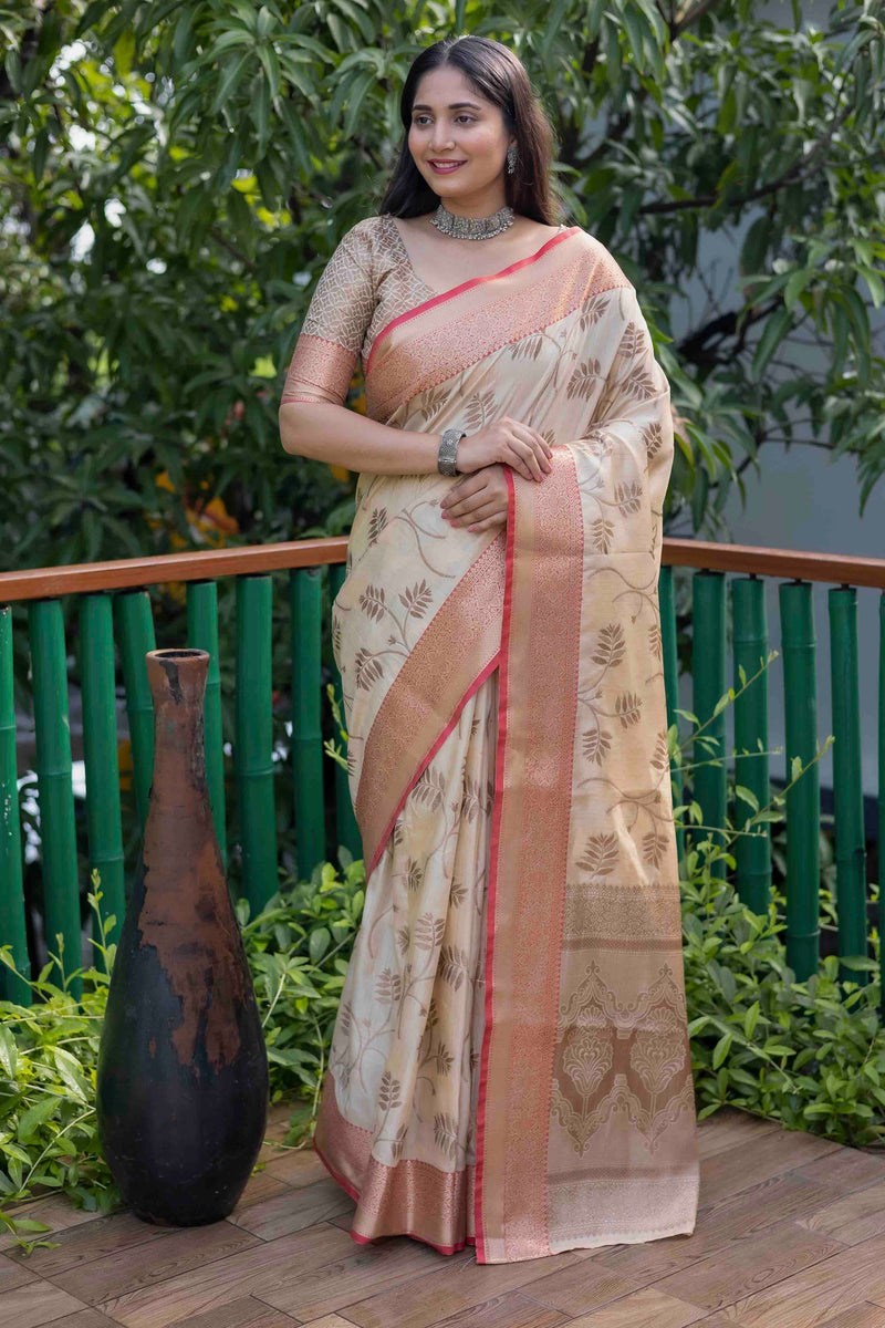 Cream Linen Silk Zari Woven Saree