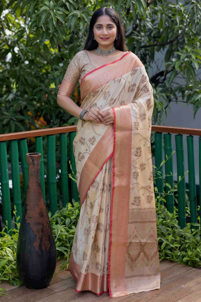 Cream Linen Silk Zari Woven Saree