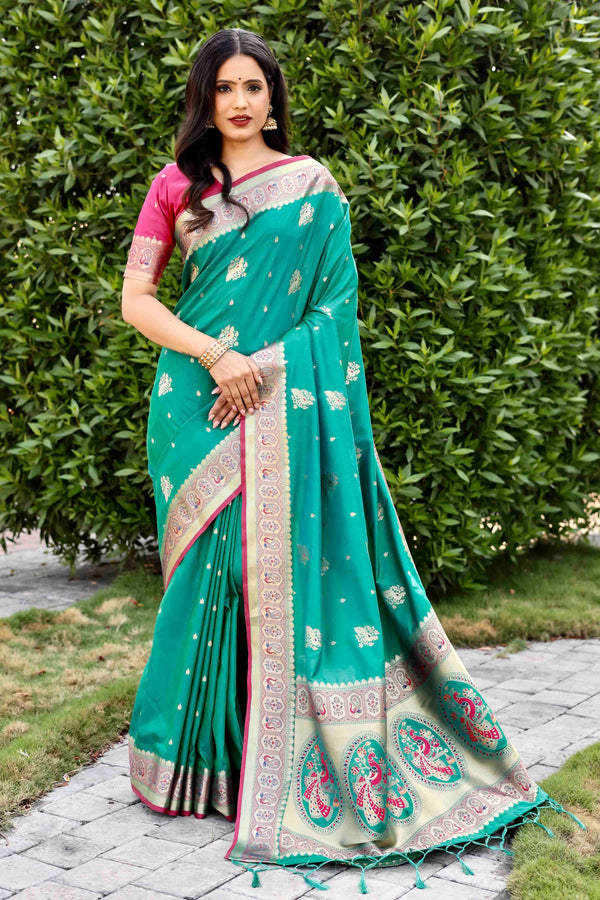 Mint Green Zari Woven Banarasi Silk Saree