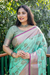 Mint Green Linen Silk Zari Woven Saree