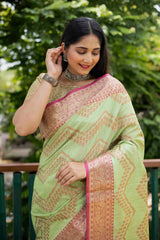 Green Linen Silk Zari Woven Saree