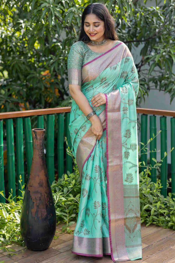 Mint Green Linen Silk Zari Woven Saree