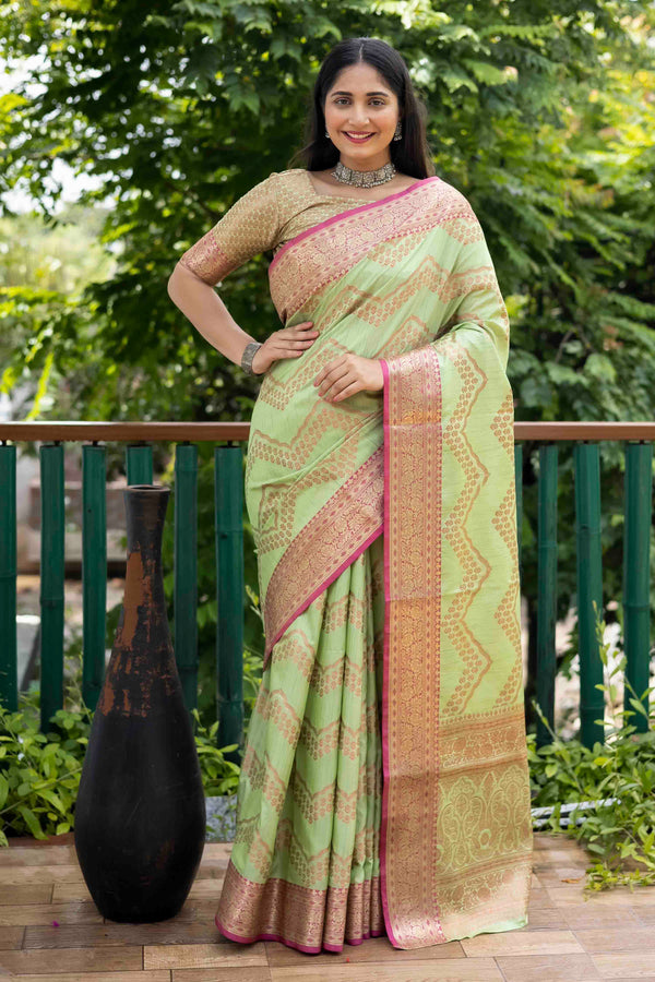 Green Linen Silk Zari Woven Saree
