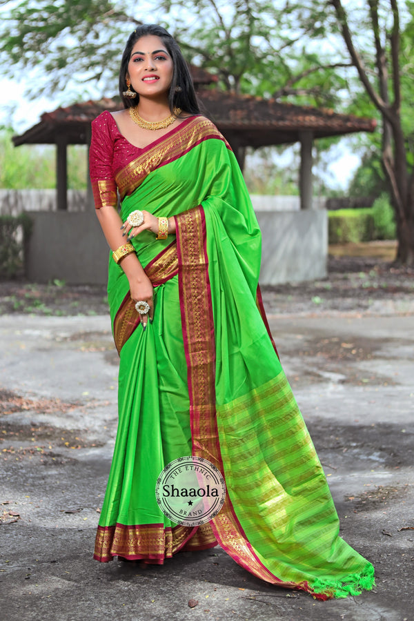 Parrot Green Soft Silk Saree With Embroidered Blouse