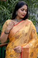 Mustard Yellow Linen Silk Zari Woven Saree