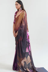 Brown & Pink Satin Silk Digital Printed Saree