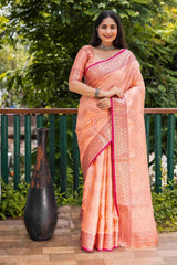 Coral Peach Linen Silk Zari Woven Saree