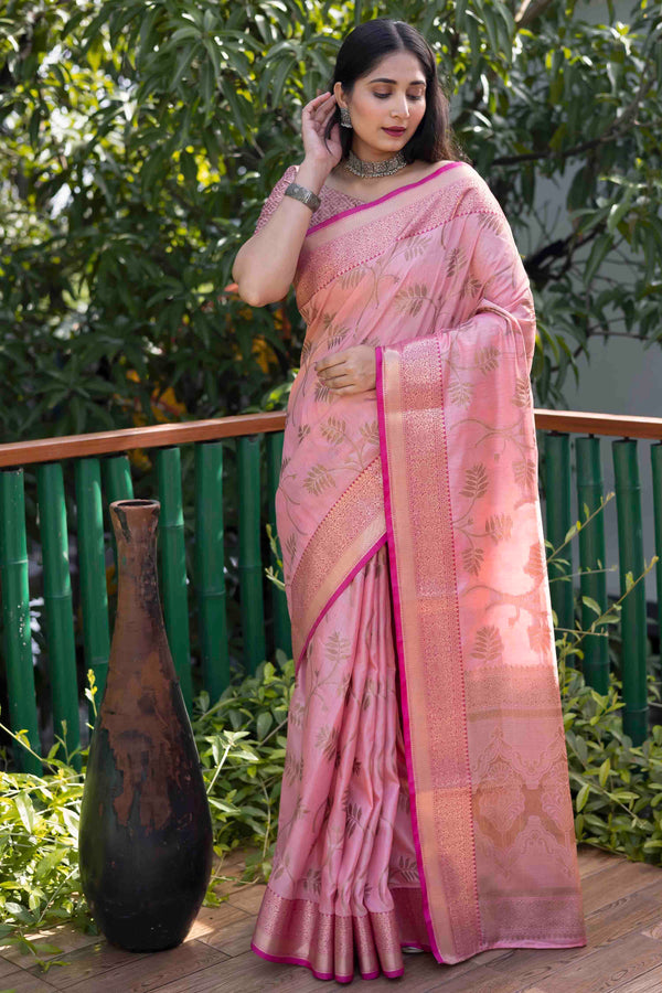 Ruby Pink Linen Silk Zari Woven Saree