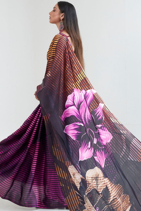 Brown & Pink Satin Silk Digital Printed Saree