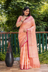 Coral Peach Linen Silk Zari Woven Saree