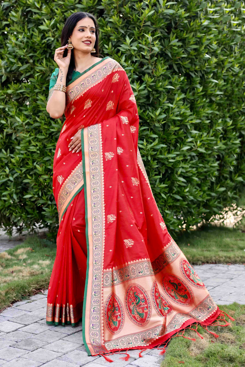 Bright Red Zari Woven Banarasi Silk Saree