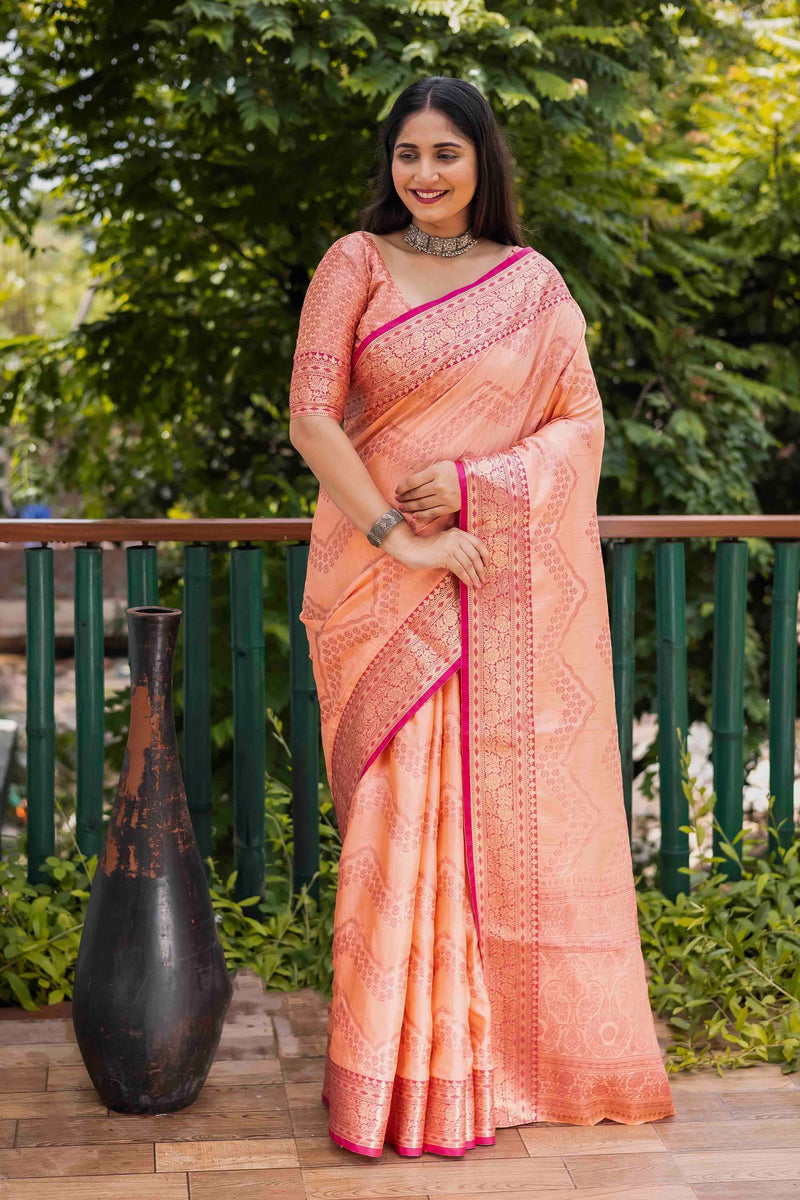 Coral Peach Linen Silk Zari Woven Saree