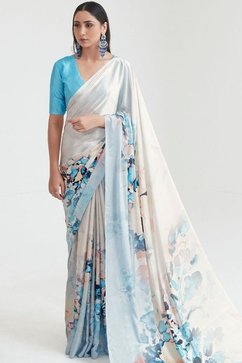White & Blue Satin Silk Digital Printed Saree