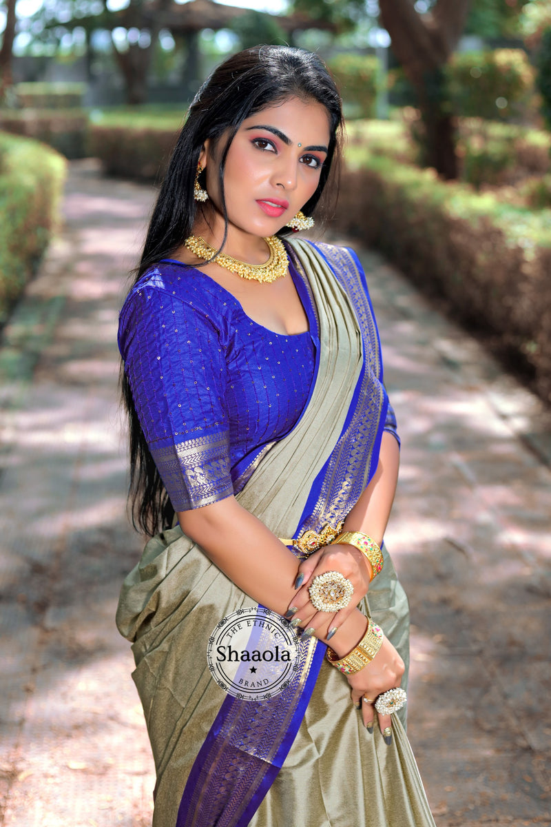 Stone Grey & Blue Soft Silk Saree With Embroidered Blouse