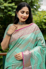 Mint Green Linen Silk Zari Woven Saree