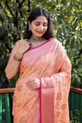 Coral Peach Linen Silk Zari Woven Saree