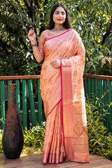 Coral Peach Linen Silk Zari Woven Saree