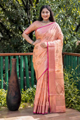 Coral Peach Linen Silk Zari Woven Saree