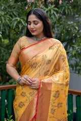 Mustard Yellow Linen Silk Zari Woven Saree