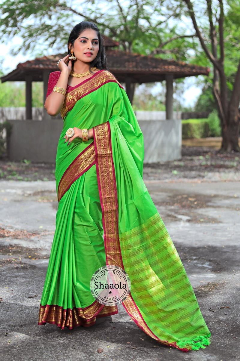 Parrot Green Soft Silk Saree With Embroidered Blouse