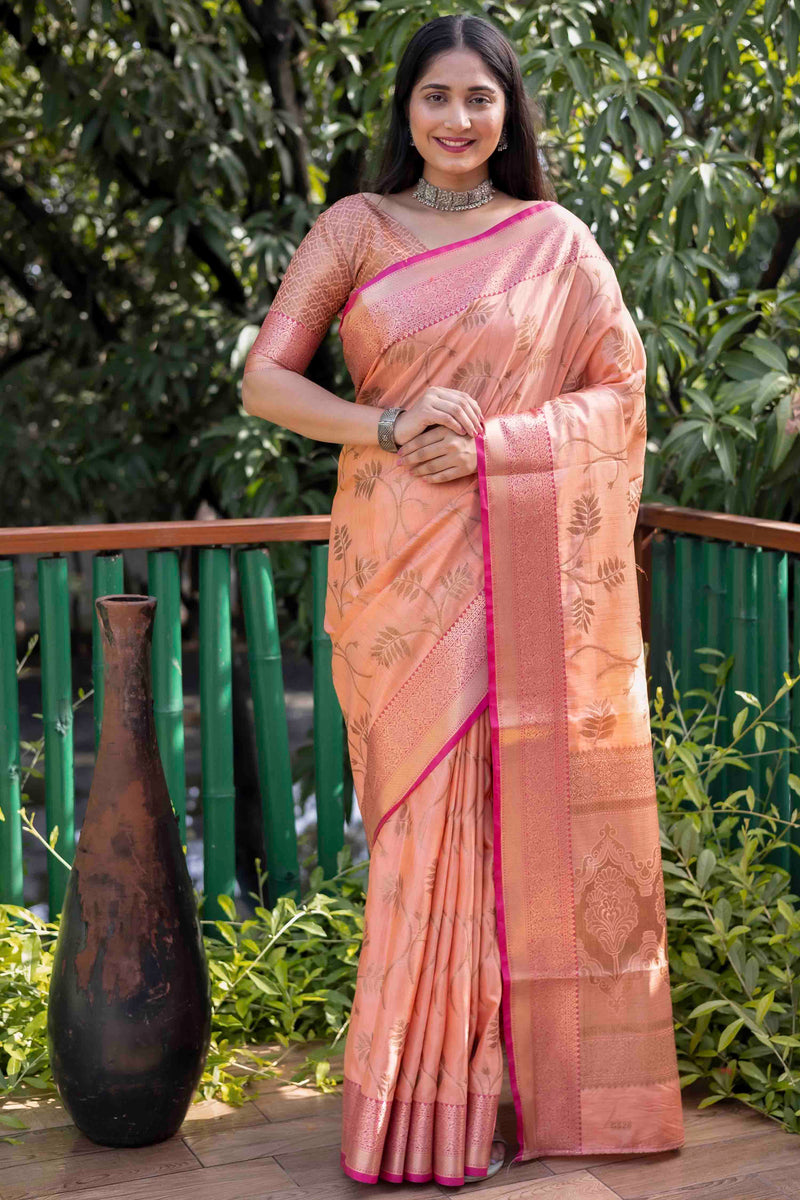 Coral Peach Linen Silk Zari Woven Saree