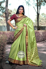 Avocado Green Soft Silk Saree With Embroidered Blouse