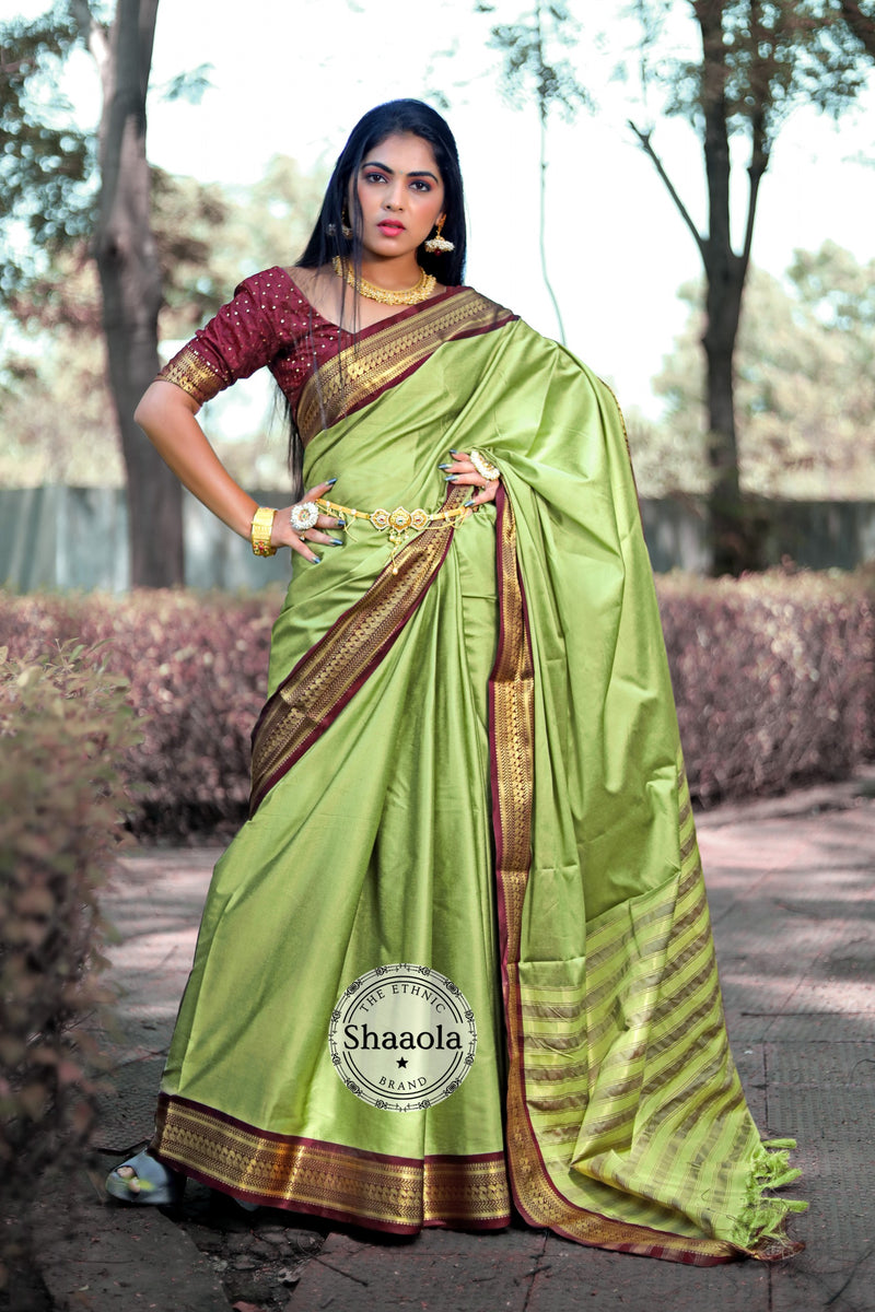 Avocado Green Soft Silk Saree With Embroidered Blouse