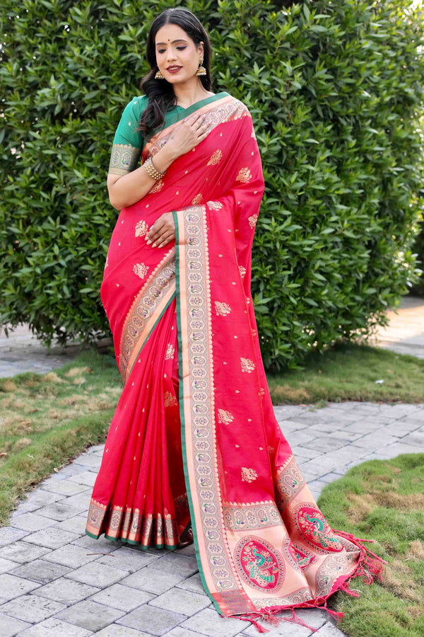 Ruby Pink Zari Woven Banarasi Silk Saree