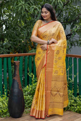 Mustard Yellow Linen Silk Zari Woven Saree