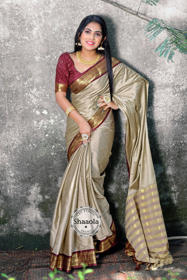 Stone Grey & Maroon Soft Silk Saree With Embroidered Blouse