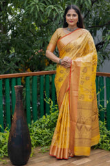 Mustard Yellow Linen Silk Zari Woven Saree