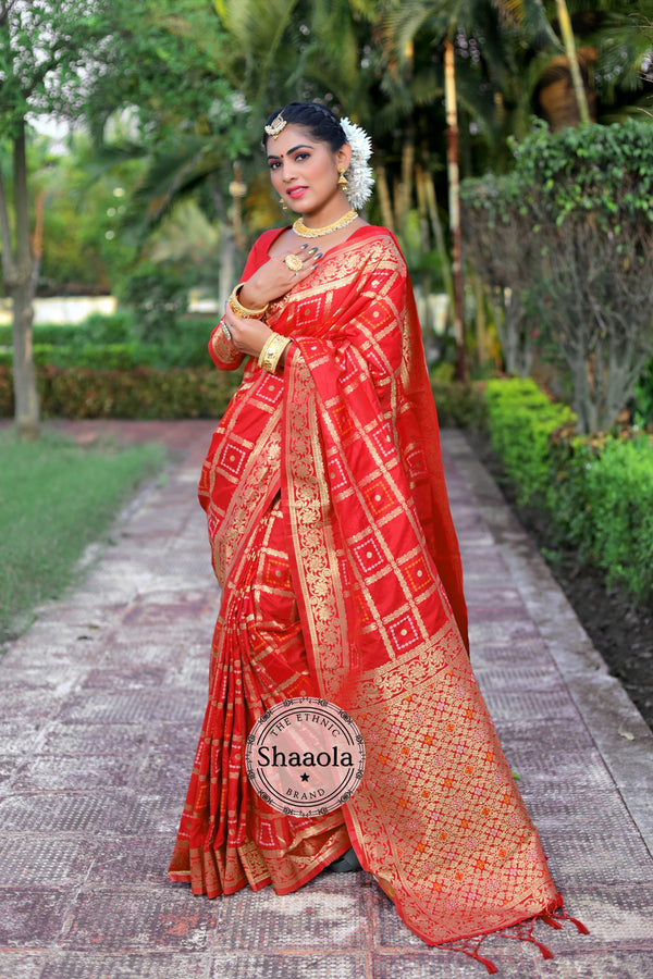 Red Bandhani Design Banarasi Silk Saree