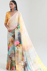Yellow Satin Silk Digital Printed Saree