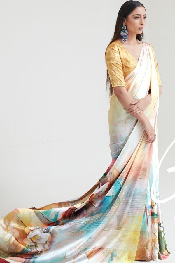 Yellow Satin Silk Digital Printed Saree