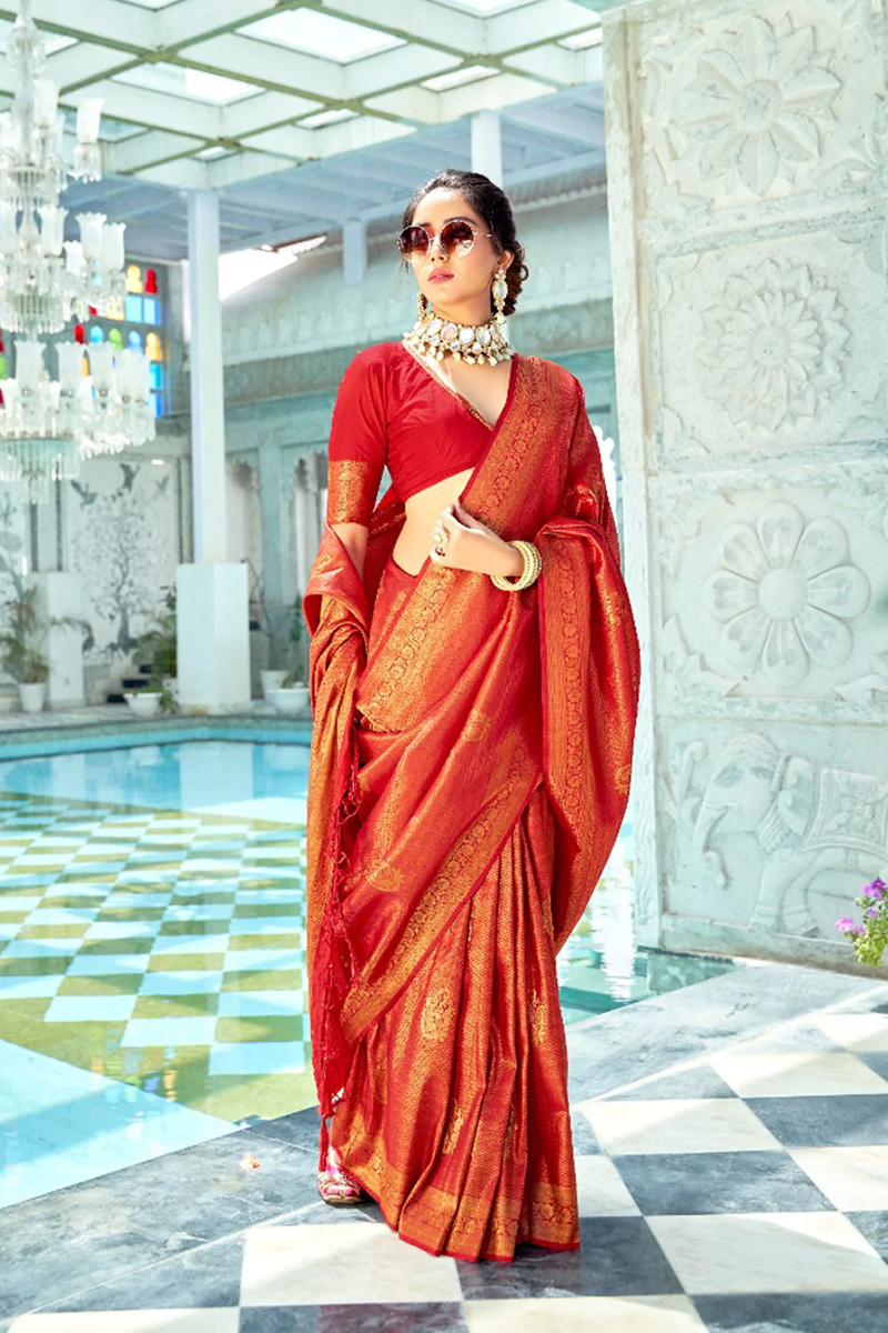 Buy Red and Orange Kanjivaram Silk Saree T228171