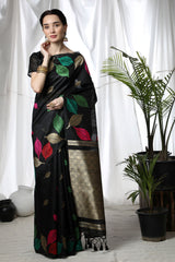 Coal Black Tussar Silk Weaving Saree