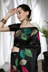 Coal Black Tussar Silk Weaving Saree