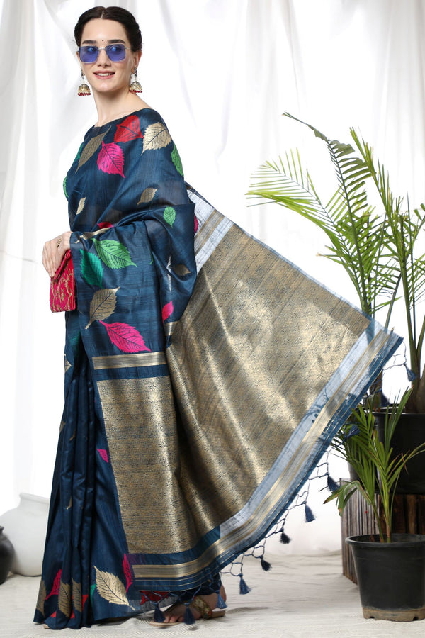 Navy Blue Tussar Silk Weaving Saree
