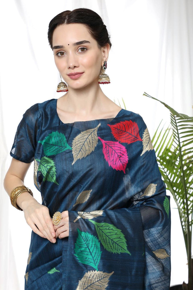 Navy Blue Tussar Silk Weaving Saree