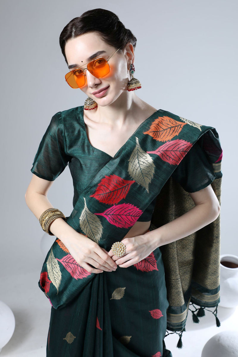 Dark Green Tussar Silk Weaving Saree
