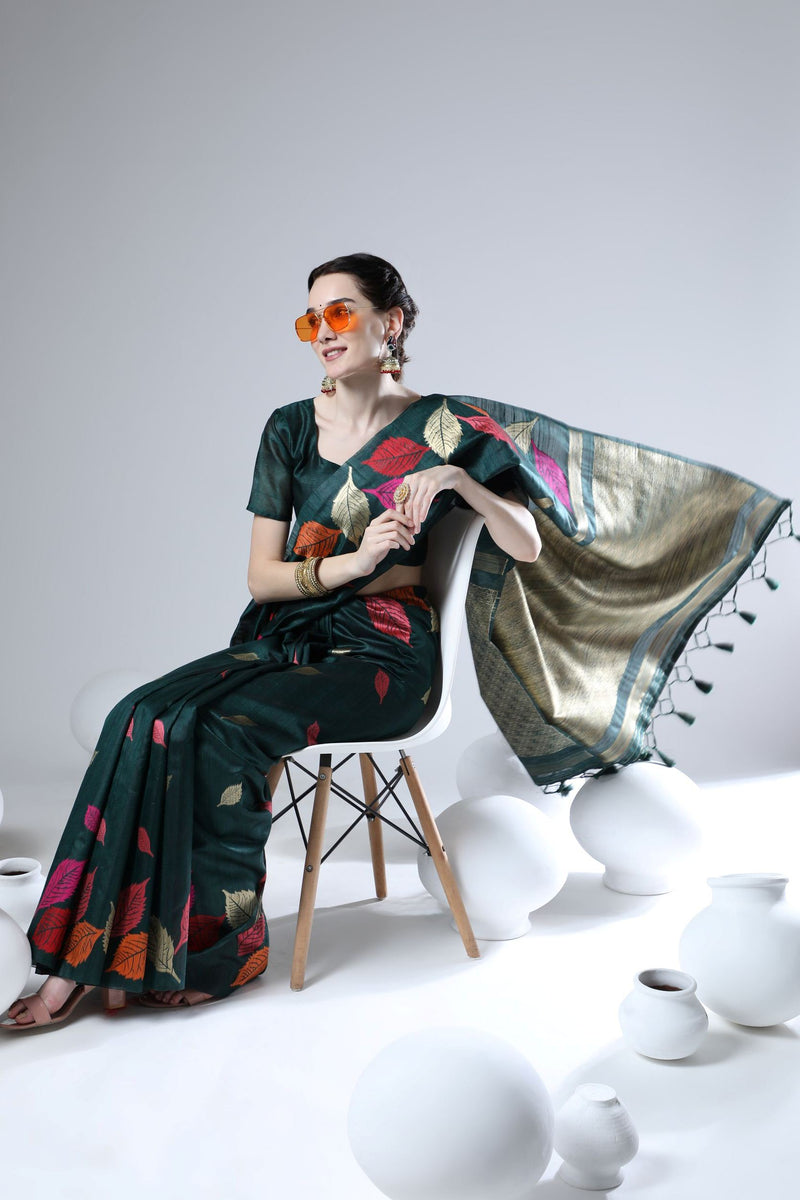 Dark Green Tussar Silk Weaving Saree