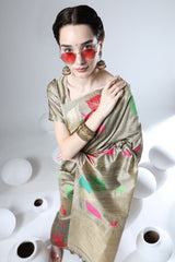 Cream Tussar Silk Weaving Saree