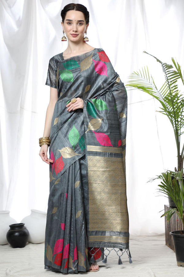 Lava Grey Tussar Silk Weaving Saree