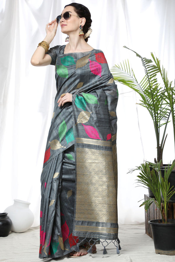 Lava Grey Tussar Silk Weaving Saree